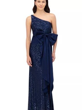 One-Shoulder Navy Sequin Gown with Statement Bow